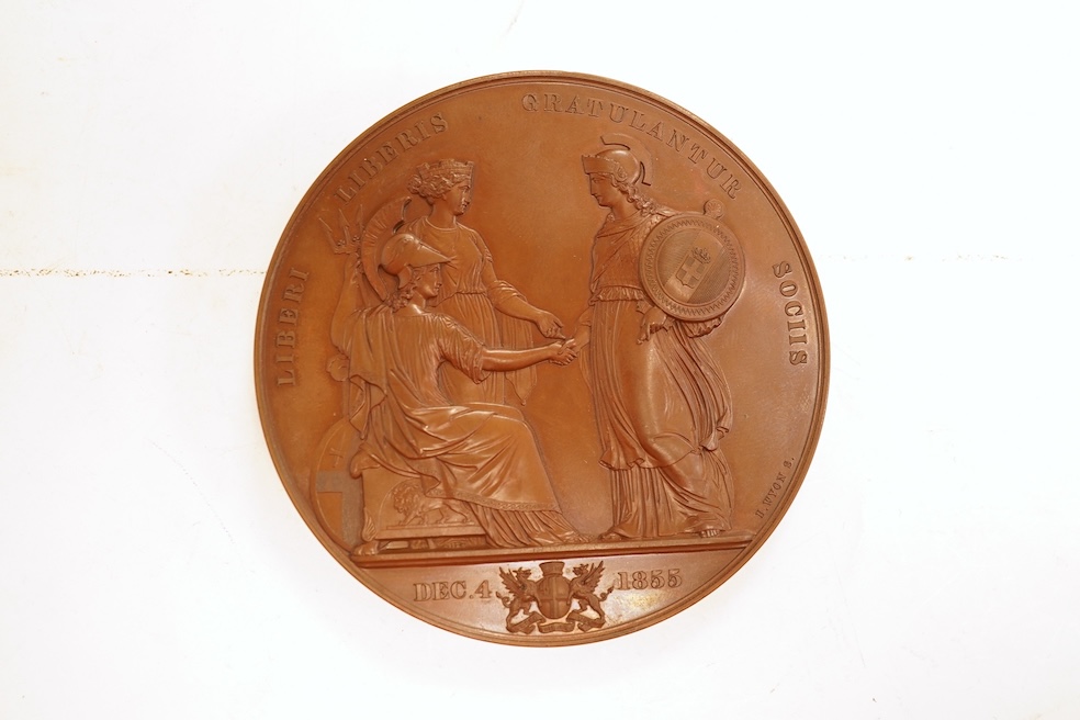 Victoria medals, Visit of Vittorio Emanuele II, King of Sardinia, to London 1855, bronze medal by B. Wyon, head left, rev. Londinia and Britannia welcome Sardinia, 77mm, BHM 2567, EF, scarce, only 350 struck, in case of